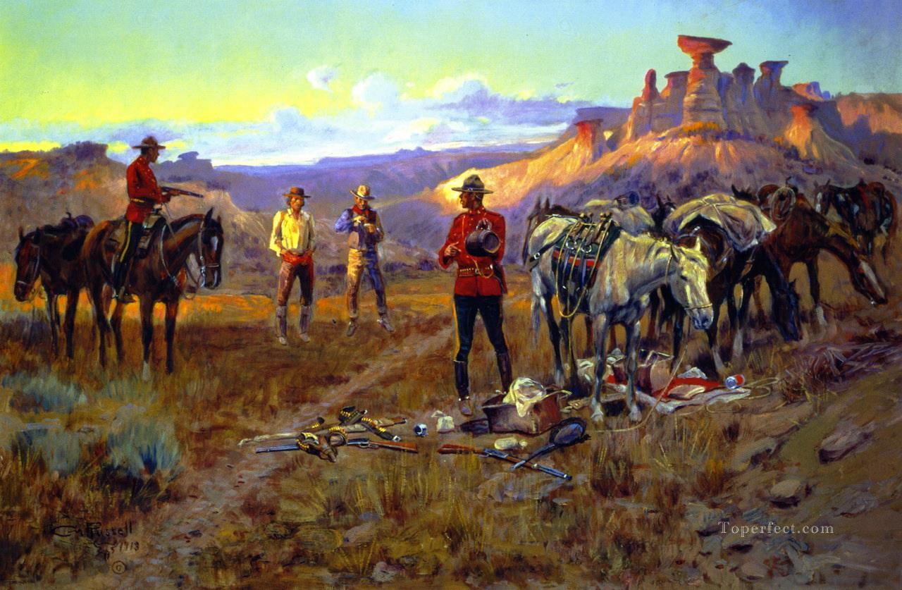 ウイスキー密輸業者が商品で逮捕 1913年 チャールズ・マリオン・ラッセル インディアナ州のカウボーイ油絵